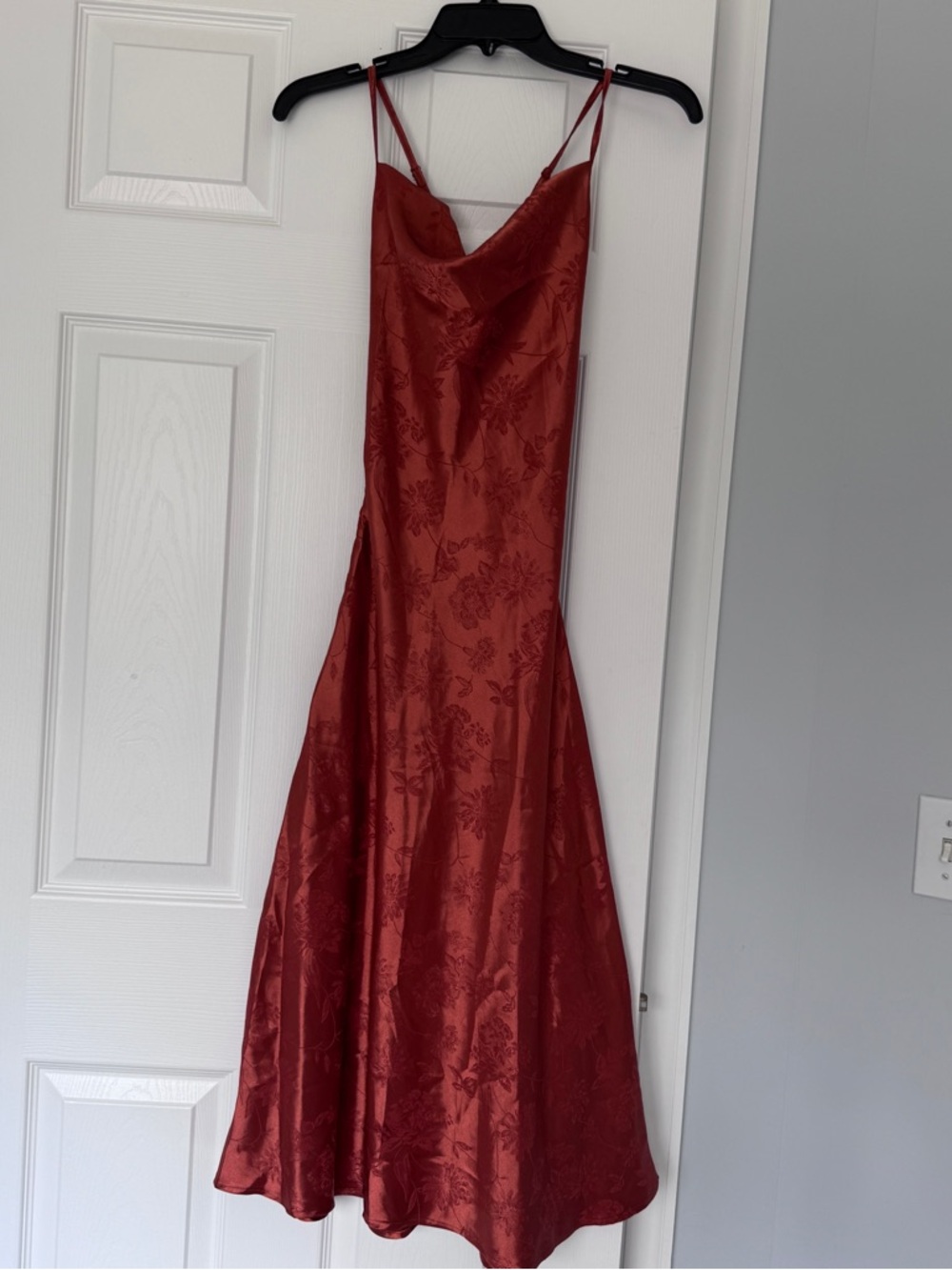 Women's Orange Slip Dress with Floral Jacquard and Cowl Neck